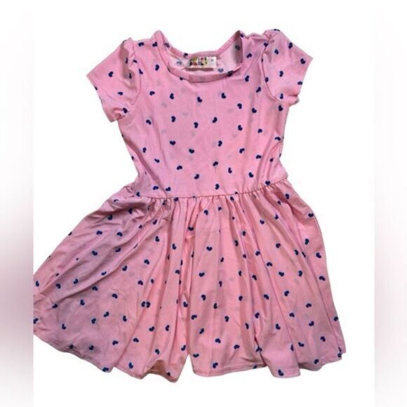 NWT Dot Dot Smile Toddler Girls Pink Dress Blue Hearts Cap Sleeve Fit & Flare 2T - Picture 1 of 6